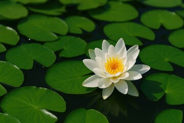 Green leafy pond with water lilies floating on the surface