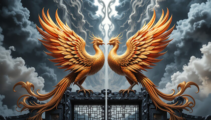 Two majestic golden phoenixes with spread wings stand facing each other atop an ornate dark gate against a dramatic cloudy sky