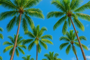 Looking up through lush palm fronds to highlight towering trees against a clear blue sky