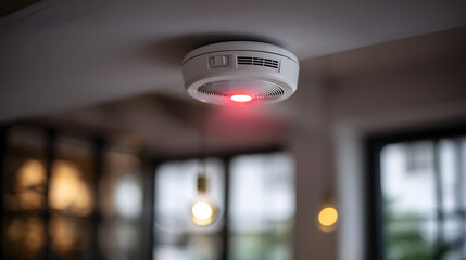 Close-Up of Smoke Detector with Red Light for Emergency Alert in a Modern Home Environment