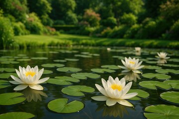Garden pond featuring blooming water lilies