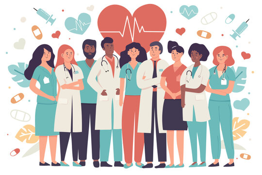 Group of diverse doctors and nurses standing together. Medical team illustration with healthcare symbols. Concept of medicine, teamwork, and support.