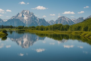 Scenic vista of the majestic mountain range seen from a bend in the river.