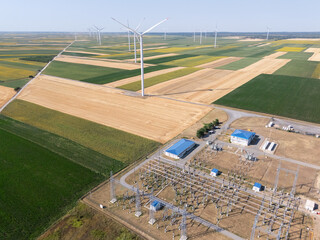 Aerial view of wind turbines with electric power station