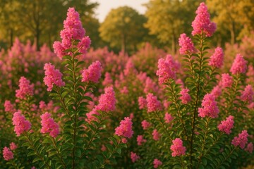 Vibrant pink blossoms flourish among lush water-loving plants and trees