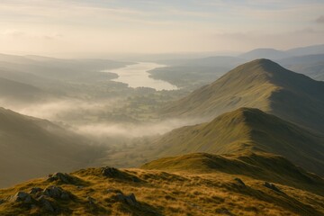 Scenic overlook of Rydal Fell and Heron Pike with a view of Windermere in the English Lake District
