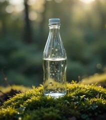 Pure Refreshment: A transparent glass bottle filled with fresh, clean water stands in a natural forest. Its crystalline purity reflects the tranquility and essence of hydration.