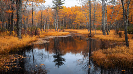 Fototapeta premium autumn bog, with its golden hues, fallen leaves, and harmonious coexistence of decay and rebirth, showcases seasonal transformation and colorful tranquility of this wetland ecosystem 