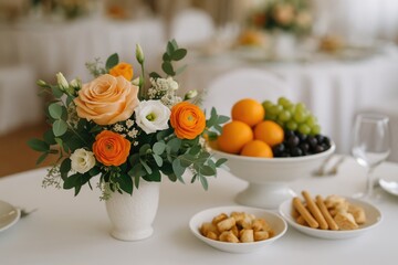 Elegant wedding table setup featuring floral arrangements, a fruit bowl, and snacks