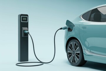 Ev car or electric vehicle charge battery plug in with recharging station, with empty blank space for text copy space or mockup design, high detail, 8k