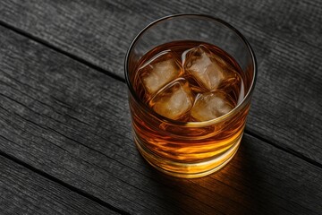 Top-down view of whiskey with ice on a wooden surface in a monochrome setting