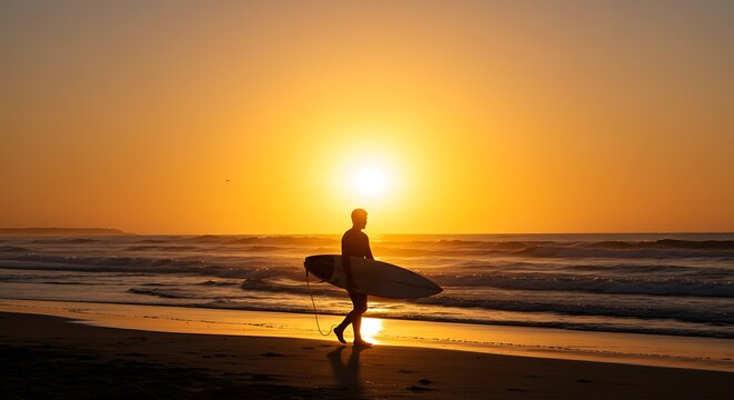 Surfer Silhouette at Sunset Golden Hour Beach Scene