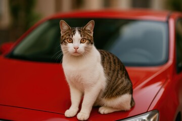 A white and brown feline perched on a crimson vehicle gazing directly at the lens