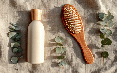 Flatlay Wooden Hairbrush And Refillable Bottle With Eucalyptus On Linen Fabric. Natural Hair Care