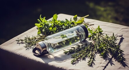 Nature's Infusion: A transparent bottle filled with a refreshing drink, surrounded by fresh herbs on a textured surface. bathed in the natural light.