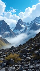Dramatic mountain landscape with rocky trail and clouds

