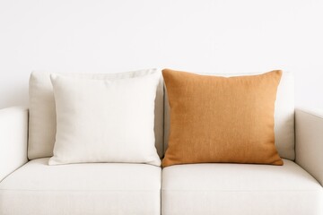 Bright orange and white square cushions on a plush white sofa with ample blank space for customization