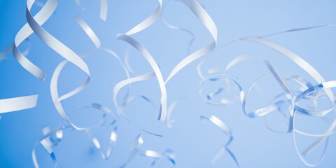 Realistic white ribbon confetti and curly serpentine ribbons flying in the air on blue white background. festive celebration decoration ideal for party banner greeting card or event invitation design