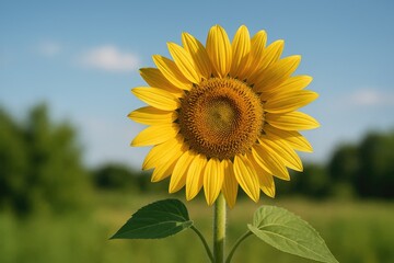 Fototapeta premium Bright sunflower under a clear sky with a natural setting, featuring a sharp focus on the flower and a softly blurred background with subtle noise textures. High-resolution image.
