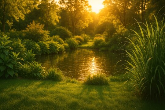Sunset glow over lush garden filled with vibrant greenery