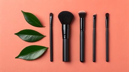 Chic Beauty Still Life Makeup Brushes and Green Leaves on Salmon Backdrop A Modern Cosmetics Flat Lay