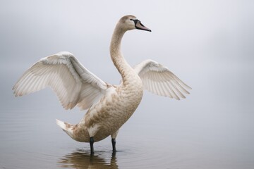 A young mute swan with brown feathers resting in calm, mist-covered waters during dawn