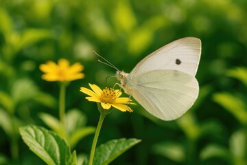 Naklejka premium A delicate white butterfly resting on a green leaf