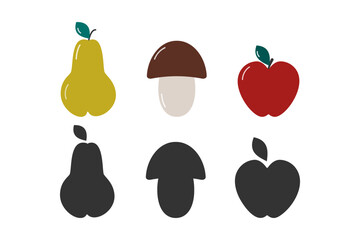 Pear Mushroom and Apple Fruits Colorful and Silhouette Sticker Icon Pictogram Minimalist Design Set