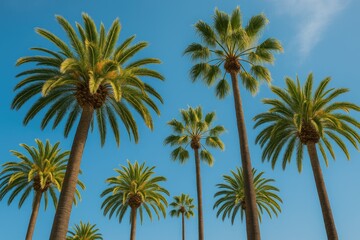 A sunny day captured from a low perspective showing tall palm trees