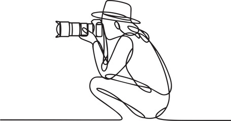  continuous line drawing of a photographer in crouching pose holding DSLR camera with telephoto lens in black and white style