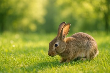 Fototapeta premium Wild rabbit grazing in a lush forest clearing