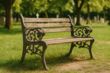 A vintage wooden seat adorned with floral designs at a memorial site for loved ones.