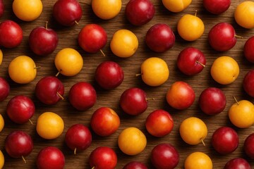 Obraz premium Fallen autumnal red and yellow plums spread across a rustic wooden surface