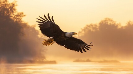 Majestic eagle in flight at sunrise over misty water