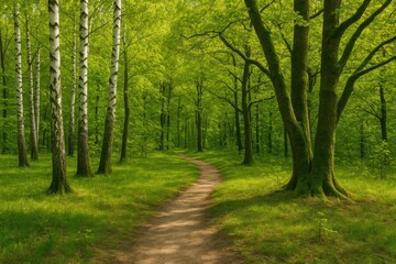Fototapeta premium Springtime in a lush forest with moss-covered birches and green trees at a national park
