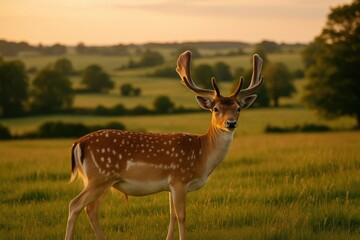 Naklejka premium A serene rural scene featuring a fallow deer during a late spring evening
