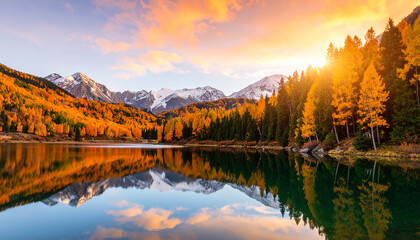 Autumn landscape view with lake reflecting yellow and red trees cloudy sky in the background
