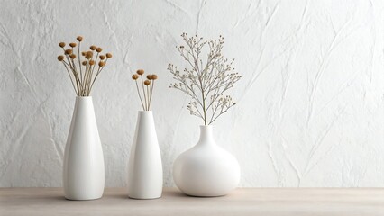 Elegant Still Life White Vases and Dried Floral Stems Modern Minimalist Design and Decor Indoor Aesthetic Arrangement