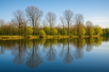 Obraz premium A peaceful spring landscape showcasing a still pond with leafless trees and a bright sky reflected in the water