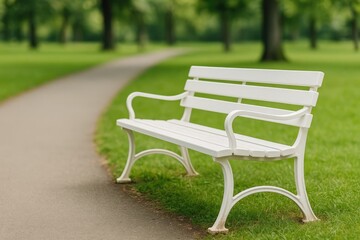 A pristine bench is positioned in a peaceful park setting with a gentle backdrop