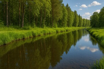 Obraz premium Serene river gently meandering alongside a woodland, mirroring the lush trees