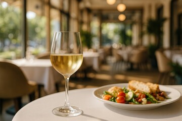 A wine glass resting on a table at a cozy cafe