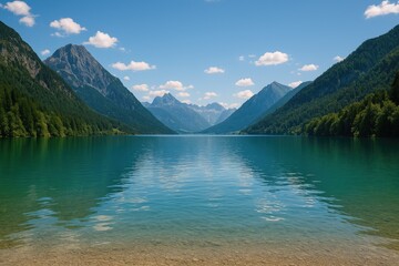 Obraz premium A serene mountain lake nestled among the Alps