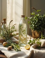 Invigorating Herbal Infusion: A visually appealing shot of herbal infusion displayed on a rustic table, featuring a glass bottle filled with clear liquid, accompanied by a variety of fresh herbs.