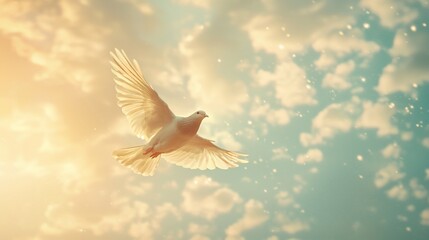 Fototapeta premium White dove soaring through a sunlit, cloudy sky