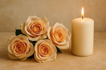 Elegant beige roses accompanied by a glowing candle