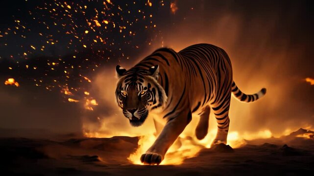 Majestic tiger walks through flames at night in a breathtaking display of nature's power