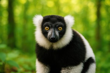 Fototapeta premium Adorable black and white Ruffed Lemur set against a vibrant natural backdrop, highlighting conservation efforts at a zoo.