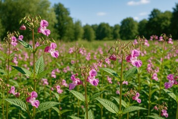 Obraz premium Vibrant summer scene featuring blooming balsam plants in a protected natural area