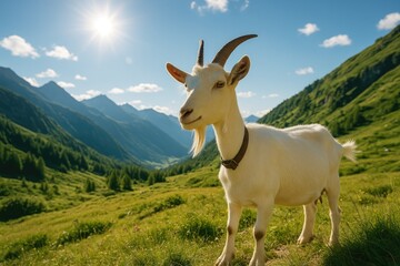 Obraz premium Mountain scene featuring a goat on a warm summer afternoon